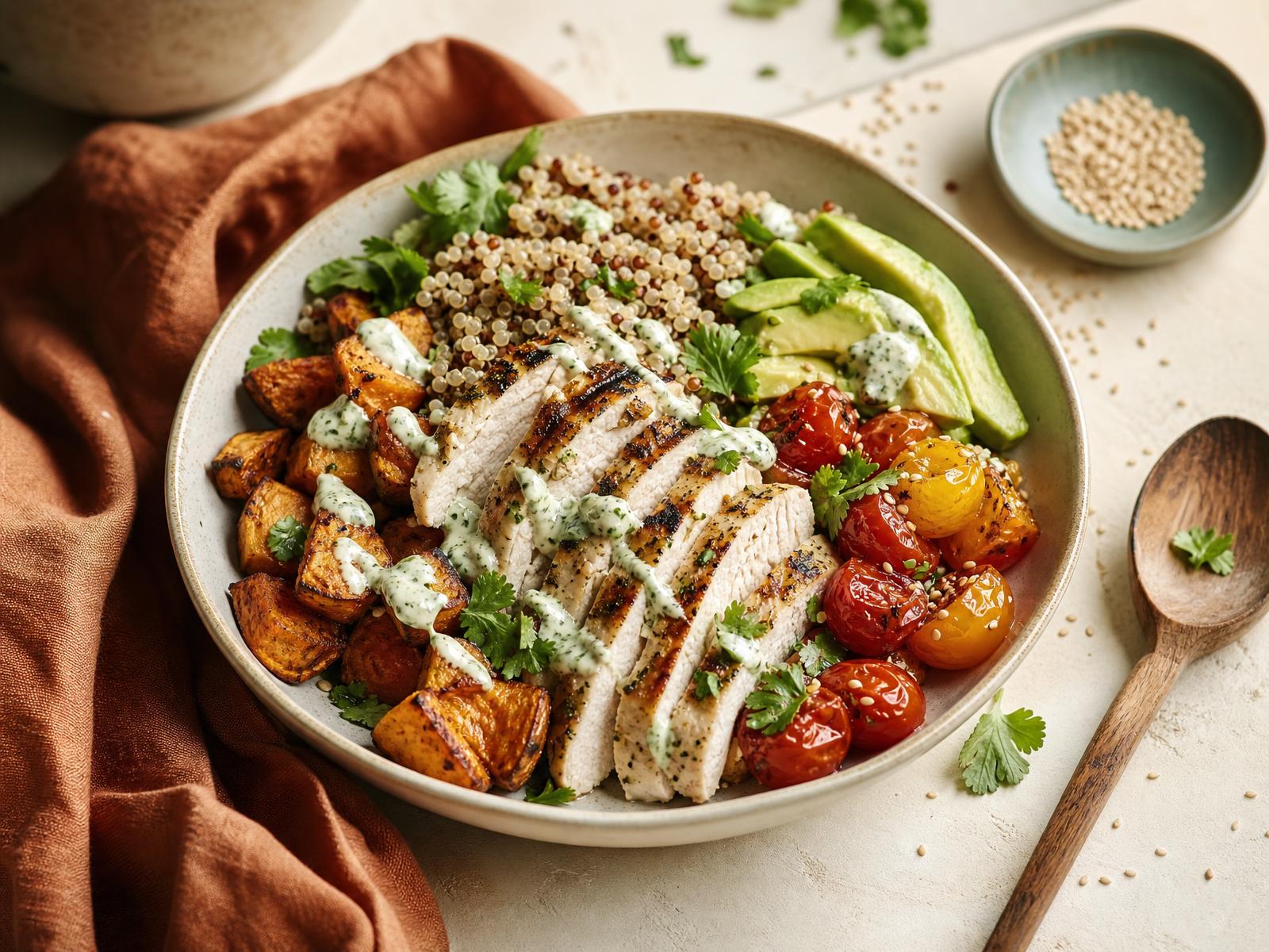 Kom met gegrilde kip, quinoa, avocado, zoete aardappel en geroosterde tomaatjes op een lichte tafel